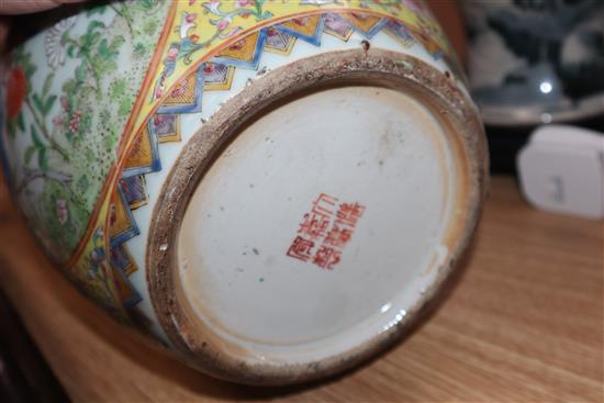 A Chinese Kangxi period blue and white vase, converted to a lamp and a 19th century Chinese famille rose vase (a.f.) tallest 36cm